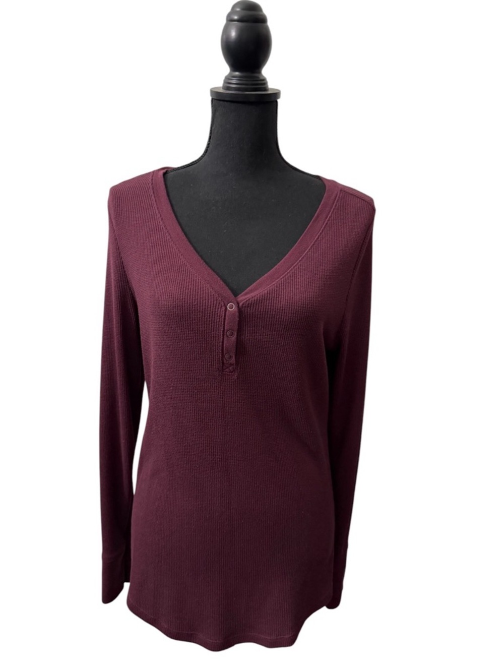 Time and Tru Burgundy Waffle-Knit Henley Top